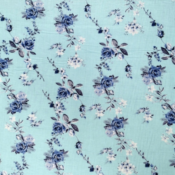 Printed Egyptian Cotton - Blue Roses on Sky Blue